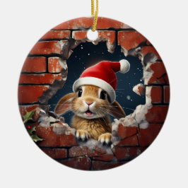 Nyfikna Bunny i Santa Hat - 3D Julgransprydnad Keramik