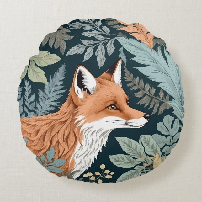 Nyfikna Fox Fern Lövs William Morris Inspired Rund Kudde (Framsidan)