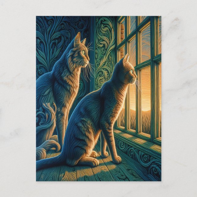 Nyfikna katter efter fönster vykort (Framsida)