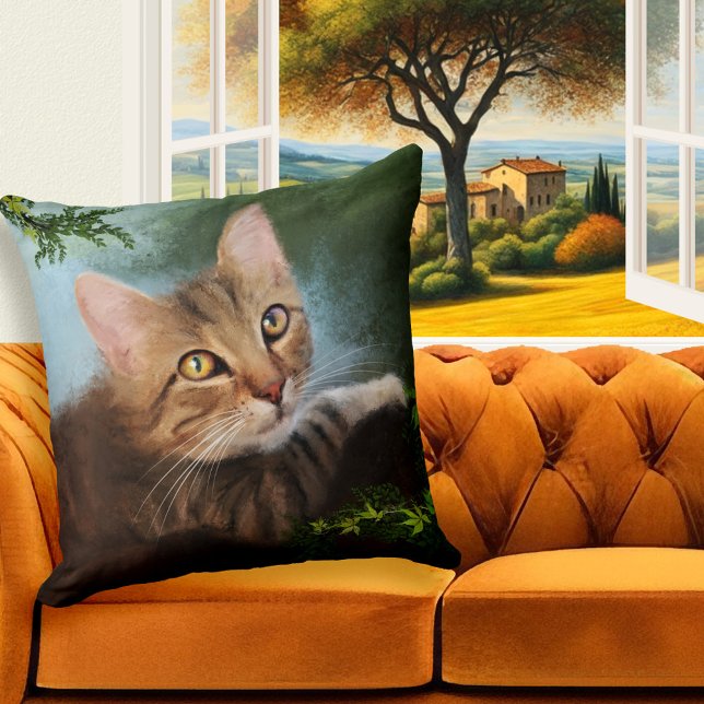 Nyfikna Kattunge Fine Art Pillow Kudde (Pillow featuring a painting of a cute kitty that climbed a tree to get a closer look of the heavens)
