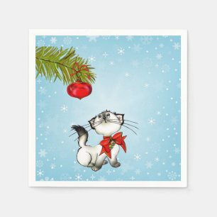 Nyfikna Kattunge i en röd julklapp Pappersservett