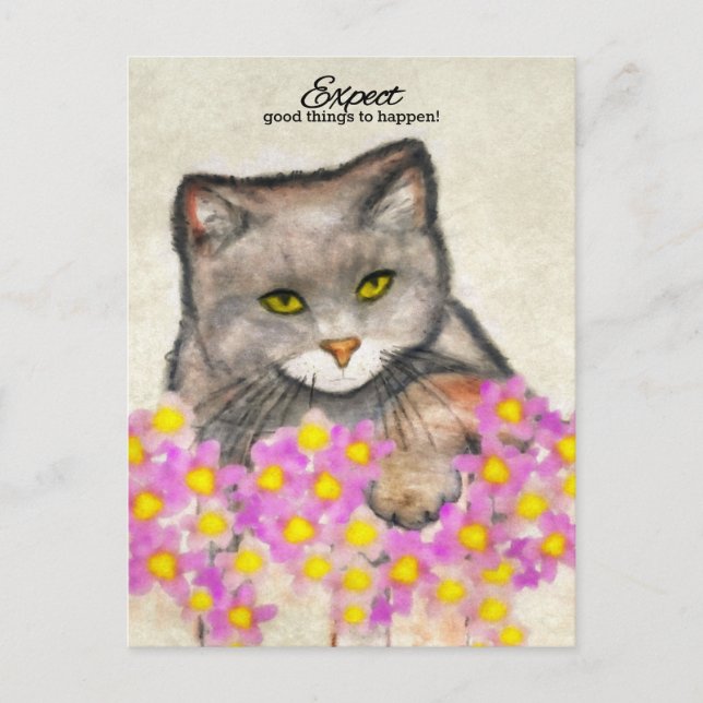 Nyfikna Kattunge - "Väntar sig bra sak att hända!" Vykort (Framsida)