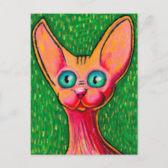 Nyfikna Lycklig Hairless Cat in Oil Pastel on Grön Vykort (Framsida)