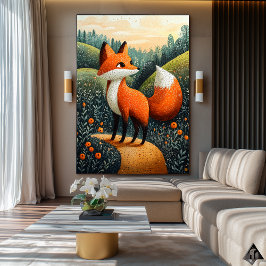 Nyfikna räv i Meadow - Naïf Whimsical Wildlife Poster