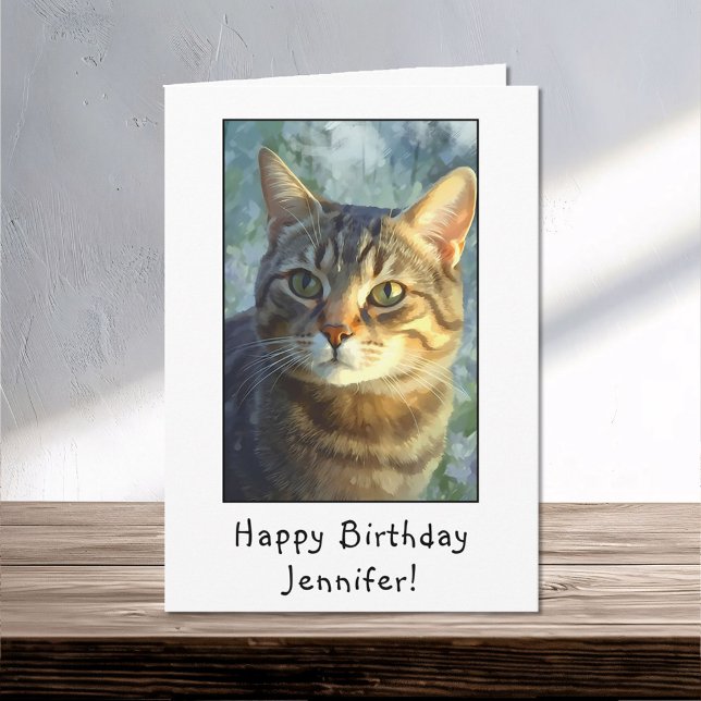 Nyfikna Tabby katt Porträtt Grattis på födelsedage Kort (Skapare uppladdad)
