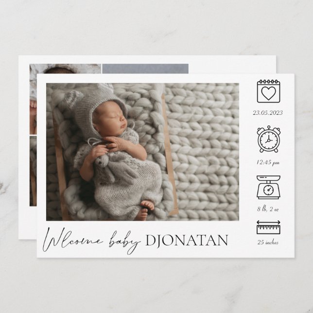 Nyfödd Baby Birth Announcement Photo Collage Meddelande (Fram/baksida)