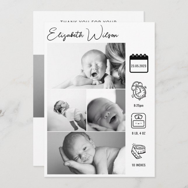 Nyfödd Baby Birth Announcement Photo Collage Meddelande (Fram/baksida)