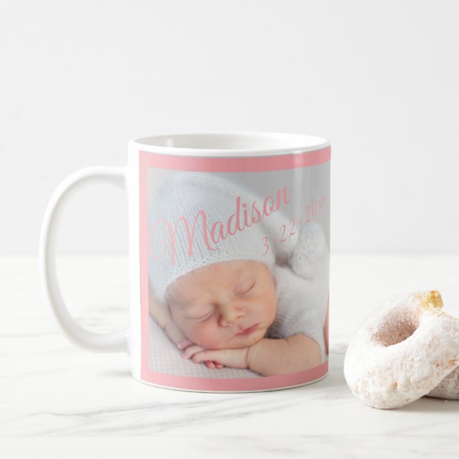 Nyfödd Baby Fototypografi Rosa Kaffemugg (Med munk)