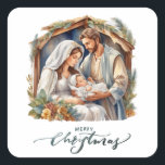 Nyfödd Baby Jesus Nativitet Fyrkantigt Klistermärke<br><div class="desc">Dessa traditionella julklistermärken har en kreativ bild av baby Jesus med Mary och Joseph i stallet. Nedan står ord "God jul".</div>
