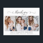 Nyfödd Baby Photo Collage Modern Script Tack Vykort<br><div class="desc">Elegant Modern Calligraphy Script 3 Photo Collage Newborn Baby Tack Birth Announcement Postcard. Innehåller en vacker "tack"-text i ett handskrivet calligraphy swash svan font script in black and white. På motsatt sida finns ett personligt meddelande. Underbar för pojke eller flicka. Enkel att anpassa med ditt baby-foto och din information.</div>