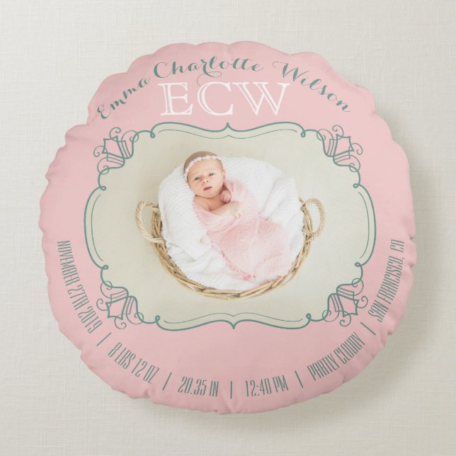 Nyfödd Baby Photo Monogram  Rosa Grönt Ram Rund Kudde (Framsidan)