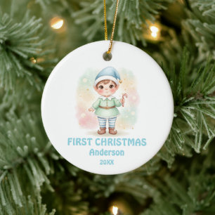 Nyfödd Baby Pojke Första Julen Tomte Foto Julgransprydnad Keramik