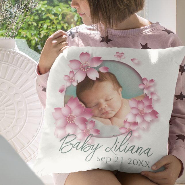 Nyfödd Babyflicka Foto Minnessaker Rosa Blommor Kudde (Skapare uppladdad)