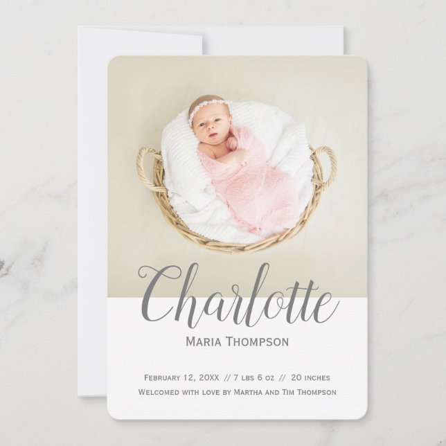 Nyfödd Babyflicka Foto Namn Skript Overlägg Meddelande (Framsida)