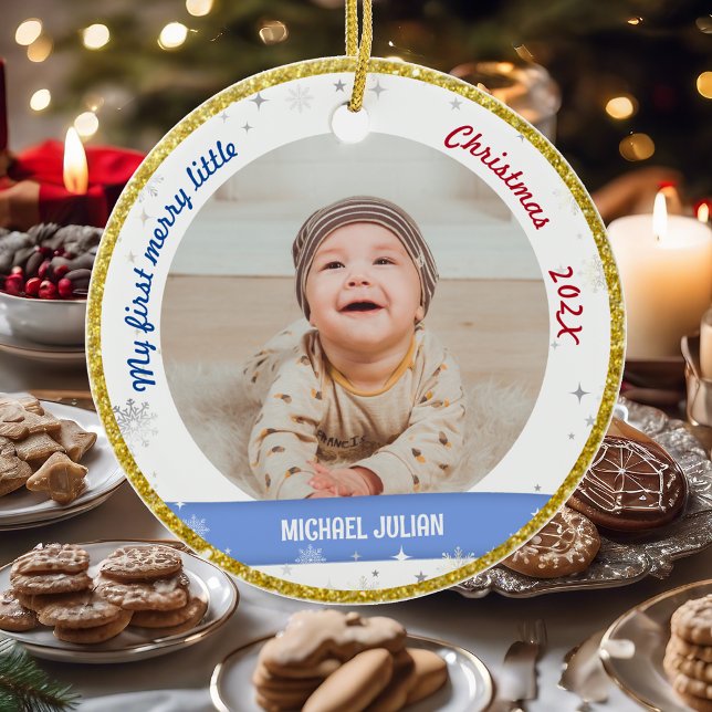 Nyfödd bebis 2 Foton Mina första fina jultomter Julgransprydnad Keramik (Elegant Modern Cute My first merry little Christmas Baby Boy 2 Photos Snowflakes Stars Golden Frame)