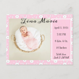 Nyfödd bebis Birth Announcement Bunny Rabbit Photo Vykort