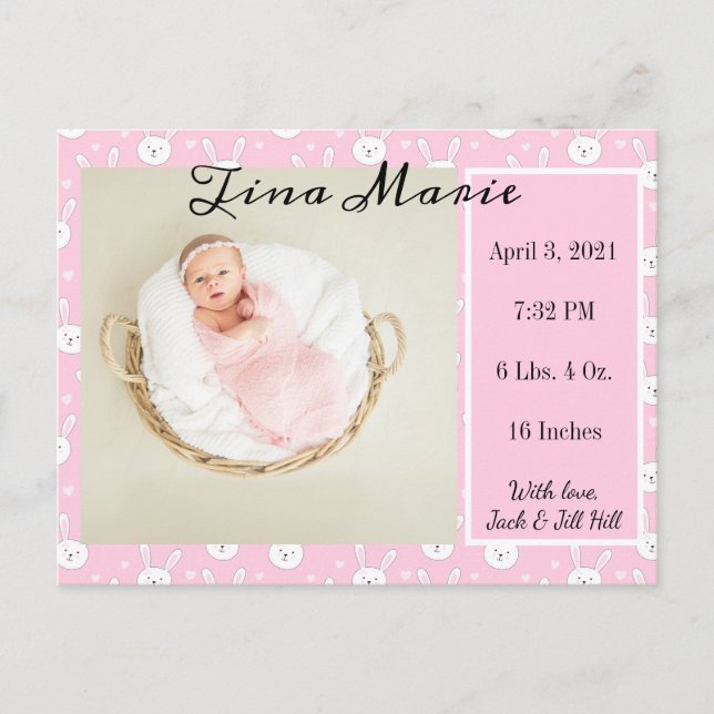 Nyfödd bebis Birth Announcement Bunny Rabbit Photo Vykort (Framsida)