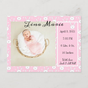 Nyfödd bebis Birth Announcement Bunny Rabbit Photo Vykort