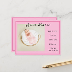 Nyfödd bebis Birth Notification Rosa Photo Vykort