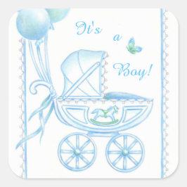 Nyfödd bebis Boy Blue Buggy och Balloons Fyrkantigt Klistermärke