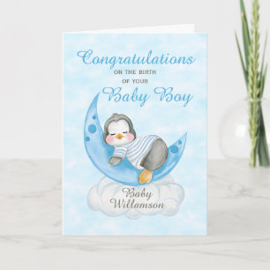Nyfödd bebis Boy Blue Penguin Måne Kort
