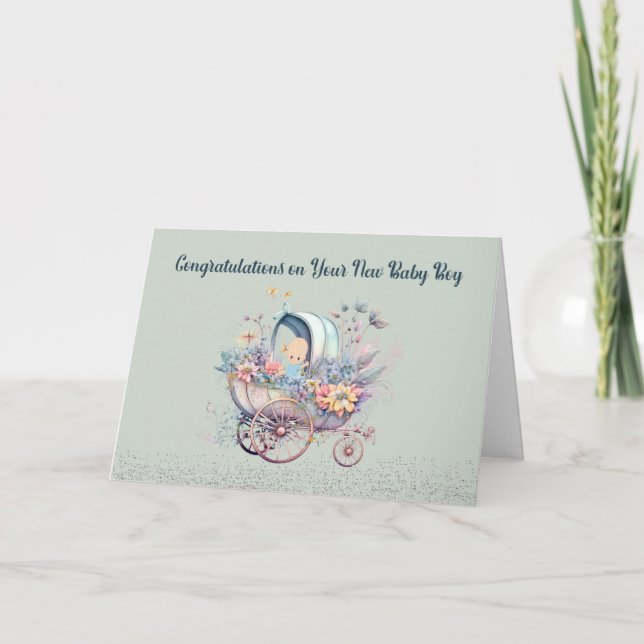 Nyfödd bebis Boy Card med Carriage & Flowers Tack Kort (Framsida)