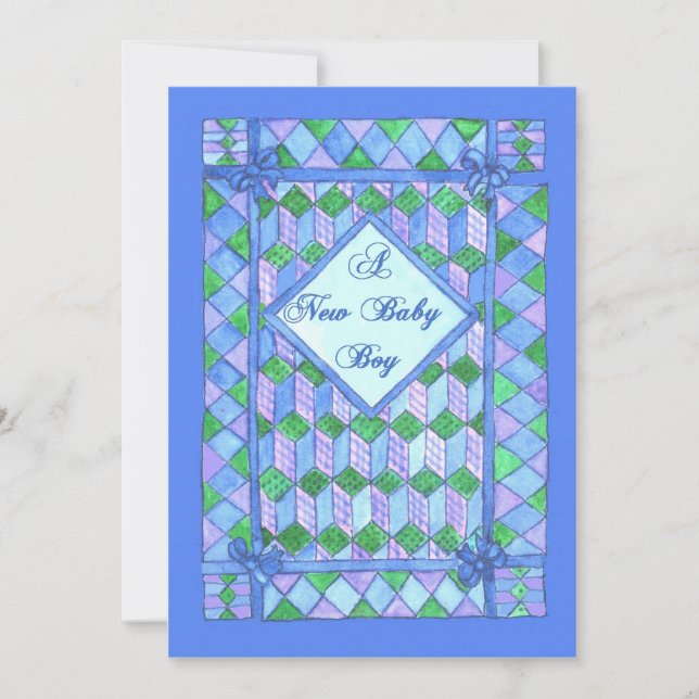 Nyfödd bebis Boy-meddelande - Cot Quilt Inbjudningar (Framsida)