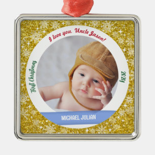 Nyfödd bebis Boy Photo 1st jul som morbror Golden Julgransprydnad Metall