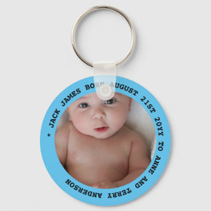 NYFÖDD BEBIS BOY PHOTO FAVORS-textpresentationer u Nyckelring