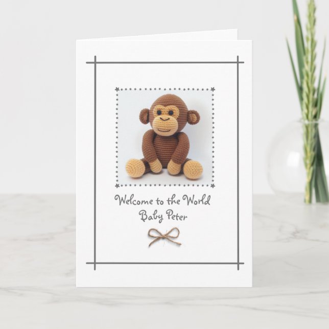 Nyfödd bebis Crochet Monkey Hälsning Card-Anpassni Tack Kort (Framsida)