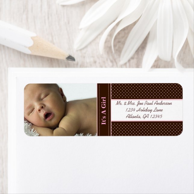 Nyfödd bebis Det är en tjej Brown och Rosa Dots Returadress Etikett (Insitu)