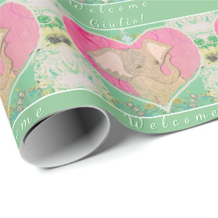 Nyfödd bebis Elephant Grönt Rosa Wrapping Papper Presentpapper