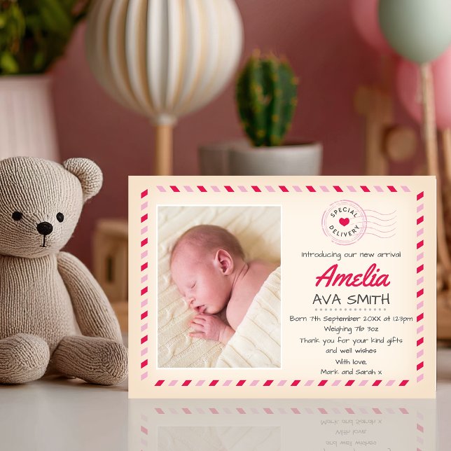 Nyfödd bebis-flickans meddelande/tackkort tack kort (New Baby Girl Announcement – "Special Delivery" Card)