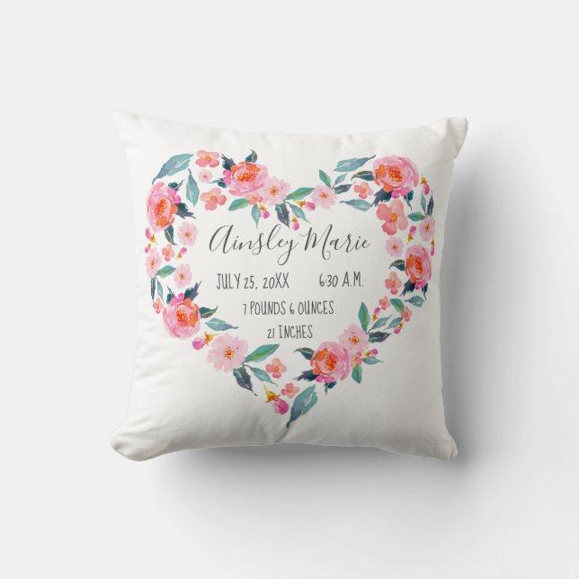 Nyfödd bebis Flickor Rosa ros Blommigt Hjärtfågels Kudde (Framsida)