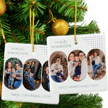 Nyfödd bebis Första jul 6 foton i Färg Julgransprydnad Keramik<br><div class="desc">Nyfödd bebis första julomsornament - eller så kan du anpassa ordalydelsen hur du vill. Utformningen har 6 foton och fullt redigerbar färg för bakgrund, bokstäver och dekopunkter. Dina foton visas i formatet 16:9 porträtt och fotomallen visningar dem automatiskt i en valformad, rundad stöteform. Bläddra i min samling med rundade Lozenge...</div>