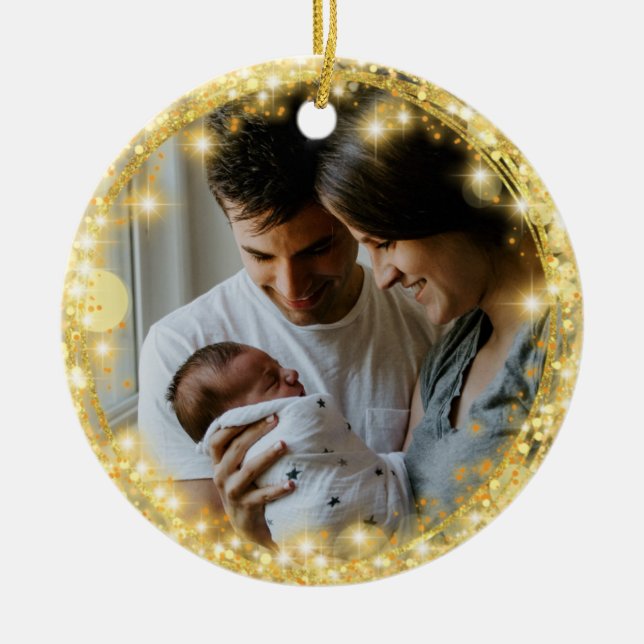 Nyfödd bebis första julen i Glitter Guld Julgransprydnad Keramik (Framsidan)