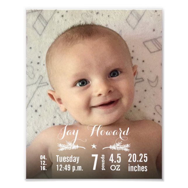Nyfödd bebis-foto med Baby Stats Gräs Gren och Stj Fototryck (Framsidan)