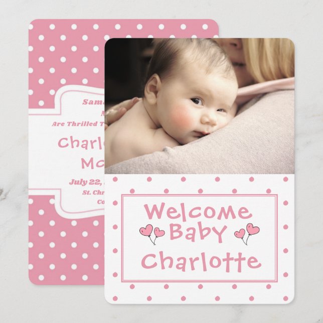 Nyfödd bebis, fotoannonsering, Rosa Polka-Dot Inbjudningar (Fram/baksida)
