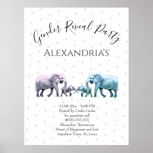 Nyfödd bebis Gender Reveal Cute Rosa och Blue Elep Poster (Framsidan)