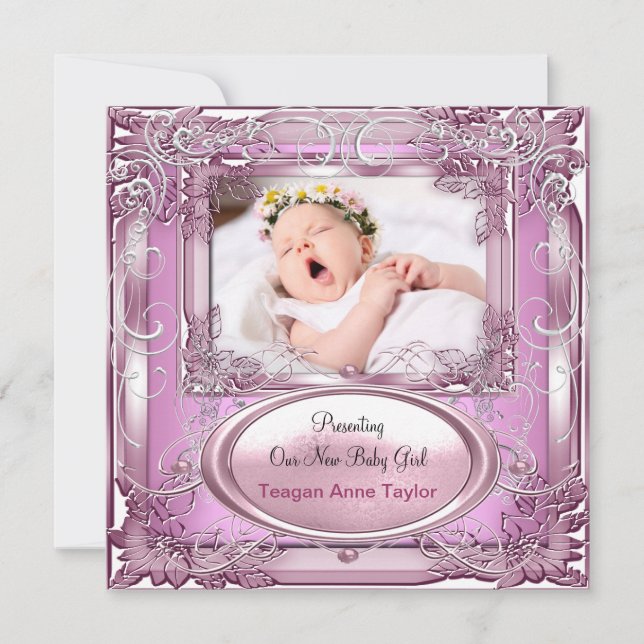 Nyfödd bebis Girl Announcement Rosa Silver Meddelande (Front)