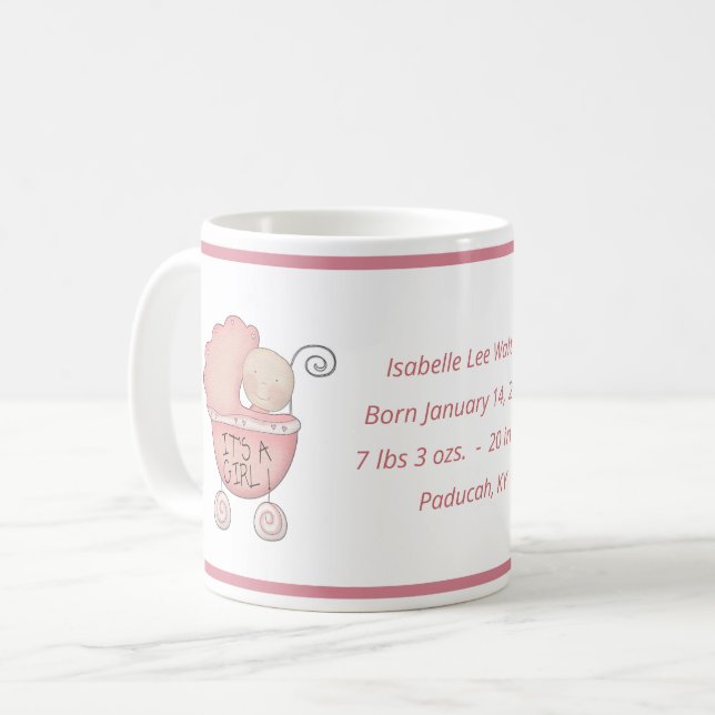 Nyfödd bebis Girl Birth Information Cute Baby Carr Kaffemugg (Framsida vänster)