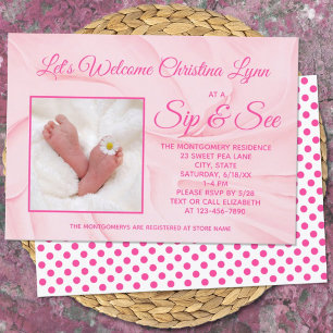 Nyfödd bebis Girl Creamy Rosa "Sip and See" Party Inbjudningar
