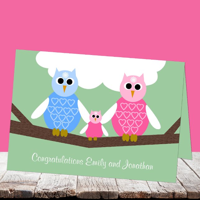 Nyfödd bebis Girl Grattiss Card med Uggla-familjen Kort (Skapare uppladdad)