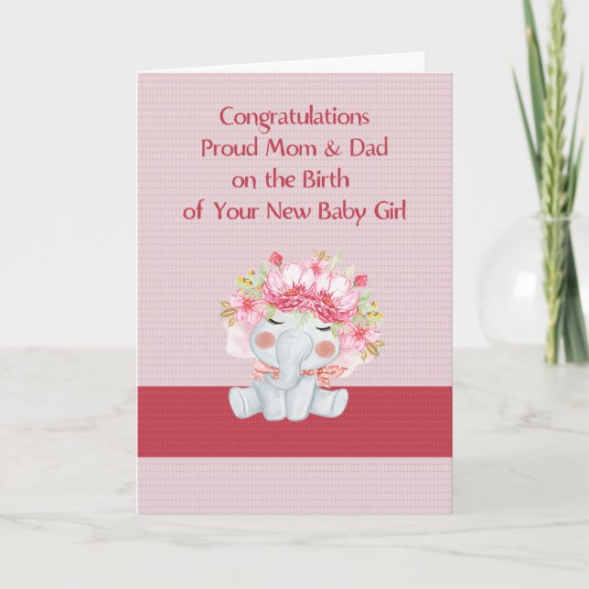 Nyfödd bebis Girl Grattiss med Cute Elephant Kort (Framsida)