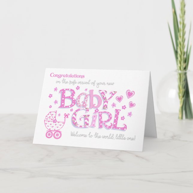 Nyfödd bebis Girl Grattiss Rosa Hearts Card Helgkort (Framsida)