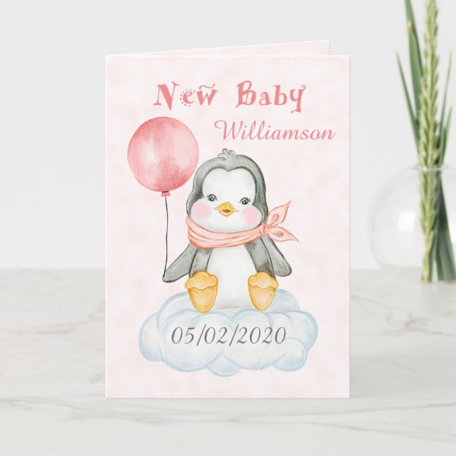 Nyfödd bebis Girl Penguin Personlig Kort (Framsida)