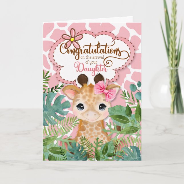 Nyfödd bebis Girl Rosa Giraffe Jungle Congtratulat Kort (Framsida)