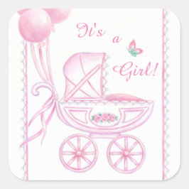 Nyfödd bebis Girl Stickers Rosa Buggy & Balloons Fyrkantigt Klistermärke