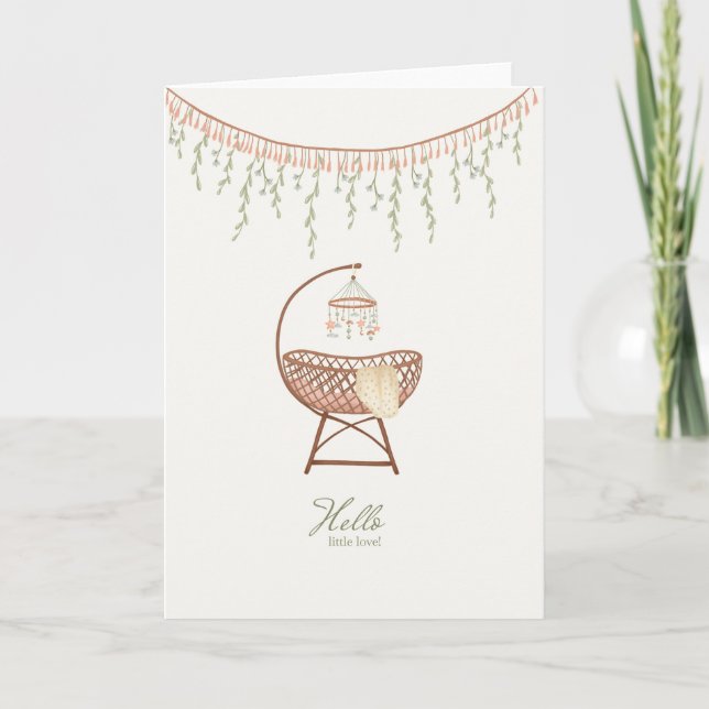 Nyfödd bebis Girl Sweet Boho Crib Grattis Card Kort (Framsida)