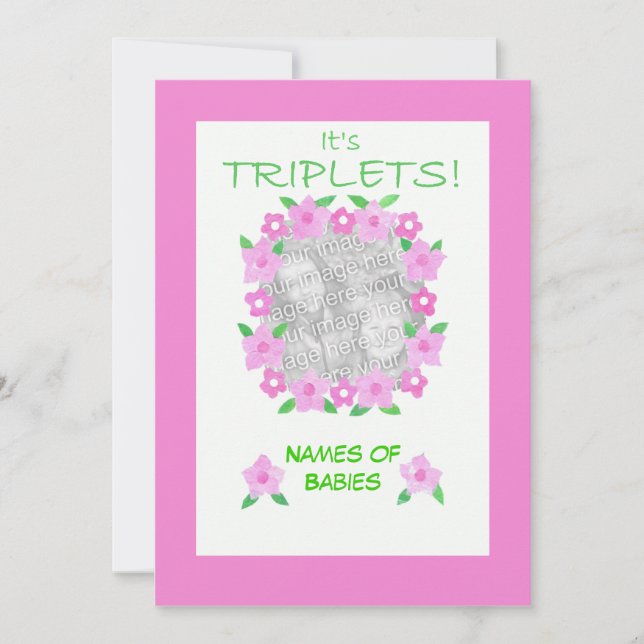 Nyfödd bebis Girl Triplets annons Photo Card Meddelande (Framsida)